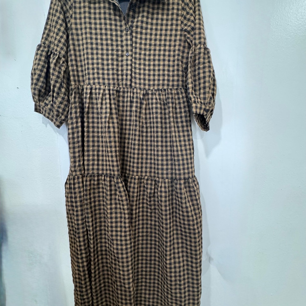 Checked Tiered Midi Dress in Brown and Black